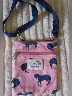 Sloane Ranger Canvas Crossbody Bag – Pink with Navy Blue Horse Print